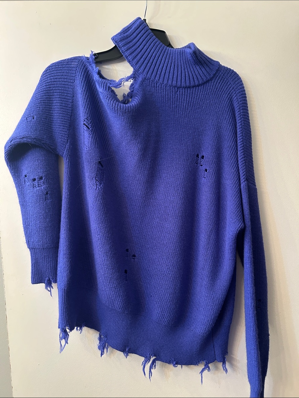 Lovers + Friends Distressed off the shoulder Cowlneck Sweater in Royal Blue